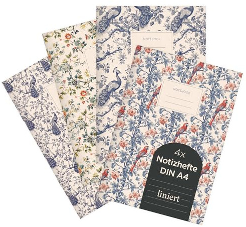etmamu 1037 4er-Set Notizheft A4 | Chinoiserie asiatische exotische Muster | Liniert