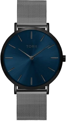 TORII Unisex-Uhr Blau Edelstahl - rund Quarz B38AS.NB Milanaise-Armband Strichindizes wasserdicht 50 m