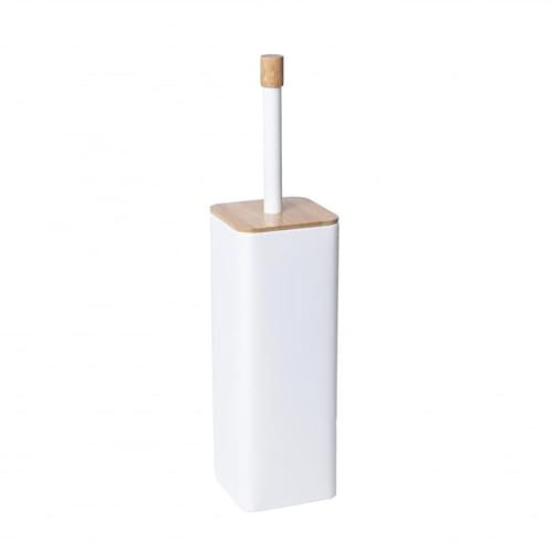 Yoka Home - Klobürste mit Behälter - Toilettenbürste aus Metall und Bambus - Moderne, stilvolle WC Bürste - Toilet Brush 9,5 x 9,5 x 40cm - Weiß