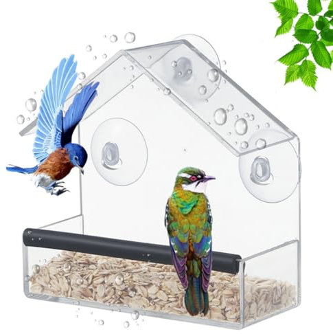 NHQZ Mangiatoia per Uccelli Trasparente, Dispenser per Uccellini in Plastica PC, Mangime da Giardino con Ventose Resistenti, Vassoio Rimovibile, Foro di Drenaggio, 15x6x15cm