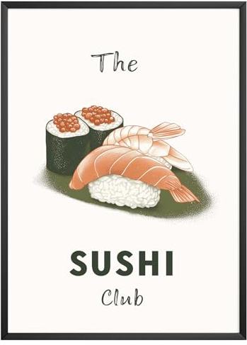 MJ-GRAPHICS® Poster Sushi Club Bilder Küche Bild A4 Japan Food Küchenbilder Deko Wohnzimmer Poster Küchen Bilder Küche Deko Bilder Vintage Sushi Lachs Maki Wandbilder Japanische Deko – ohne Rahmen