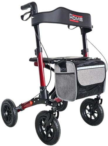 abc HOME | Déambulateur Pliable Premium - Rollator 4 Roues Pneumatiques pour Extérieur - Hauteur Réglable avec Sac et Siège - Rouge