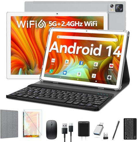 EITOMIN Tablet with Keyboard Android 14 Tablet 10 inch 2025 Latest 8GB RAM 64GB ROM 1TB Expand WiFi 6 Octa-Core 7000mAh Battery BT5.0 13MP+8MP Camera 2in1Tablet with Case,Mouse,Stylus-Silver