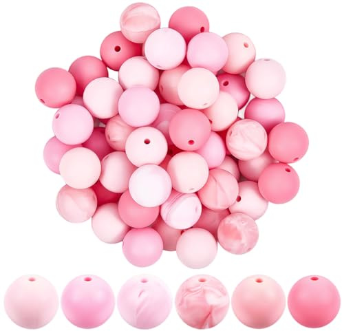 PONABEADIY 1 Box 6 Colours 90PCS 15MM Pink Silicone Beads with Hole Round Rubber Focal Soft Smooth Colorful Charms Loose Spacer Bead Bulk for Jewellery Making Bracelets Keychains Pens Diy Craft Supply