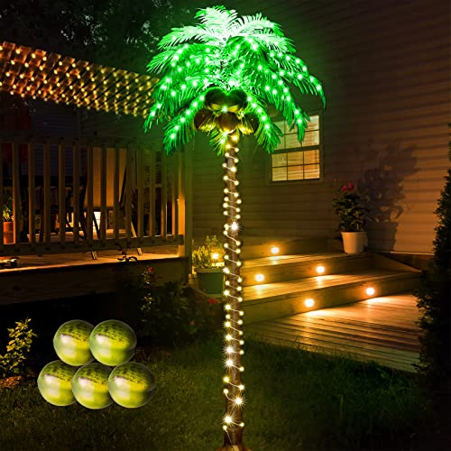Ledido Palmiers lumineux de 2,1 m pour patio extérieur, palmier d'extérieur à 179 LED avec 5 feuilles de noix de coco pliables imperméables, faux arbres artificiels pour piscine, cour, terrasse
