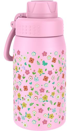 GOPPUS 420ml/15oz Kids Insulated Water Bottle with Screw Lid (No Straw) Stainless Steel Toddler Bottle School Flask Girls Boys Drinks Cup with Handle & Leakproof & Keep Drinks Cold (Pink Flower)