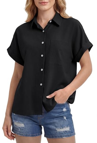 Enmain Women's Black Linen Blouse Shirt Short Sleeve Lightweight Button Up Fitted Casual Summer Tops Shirts with Pocket XL