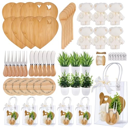 Babyparty-Preise für Spielgewinner, Bambus-Käsebrett, Gabel, Butterstreuer, Untersetzer, Handtuch, künstliche Topfpflanze, Dankeskarte, Geschenktüte für Brautparty, Gastgeschenke (Bambus-Herzform