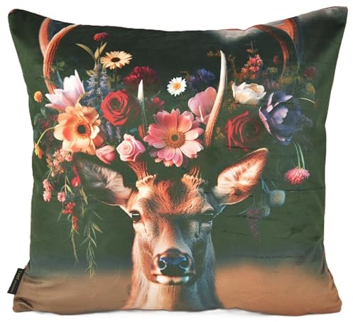 Yve! decoration Zierkissenhülle Hirschkopf mit Blumen ca. 45x45 cm mit Reißverschluss Wendekissenbezug