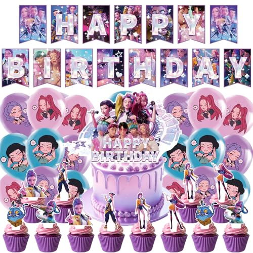 44pcs Cumpleaños Kpo Demon Hunte, Banderín, Pincho Para Tarta, 24 Toppers Para Cupcakes, 18 Globos Y Cinta, Decoración De Fiesta Para Cumpleaños Infantil Y Fiesta Temática