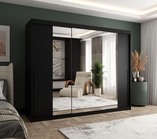 Home Collective Schwebetürenschrank mit Spiegel Kleiderschrank Garderobe 2-türig mit Einlegeböden und Zwei Kleiderstangen wählbare Handgriffe Mehrzweckschrank 250cm Breite schwarz mit schwarzem Griff