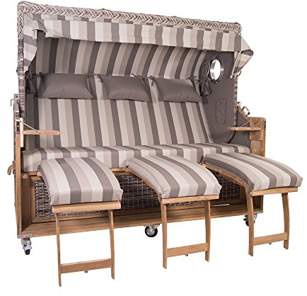 Familien Strandkorb Kampen 4-Sitzer Spezial White Oak T73 Fossil Sahara Polyrattan PE-Geflecht Teakholz Teak