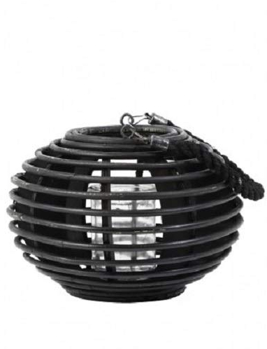 Light & Living | Tropez Rattan Windlicht Schwarz D 26 cm H 18 cm Laterne Rund Teelichthalter mit Henkel und Glas |