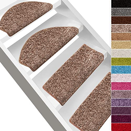 casa pura Shaggy Stufenmatten Barcelona 15 Stück Set, weicher Hochflor Treppen-Teppich | sauber eingekettelt, Starke Befestigung, stabile Winkelschiene, | halbrund | 65 x 23,5cm | Beigebraun