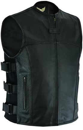 Leatherick Gilet da uomo in pelle da motociclista a grana alta stile tattico SWAT con tasca profonda e perforazione sui pannelli delle tasche (XL)