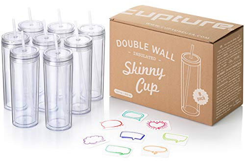 Cupture Skinny Acrylic Tumbler Cups with Straws - 18 oz, 8 Pack (Clear)
