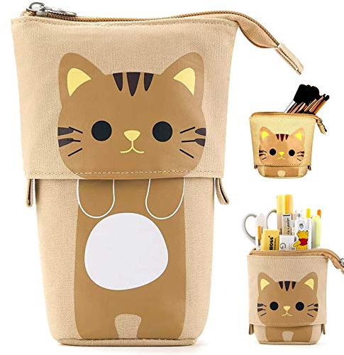MNBHJK Briefpapier Fall Stand Pencil Holder Canvas Pencil Case mäppchen Cartoon Cute Cat Pencil Case Cosmetic Bag Organiser for Student, Teenager, Girls, Adult, School, Office(Khaki)