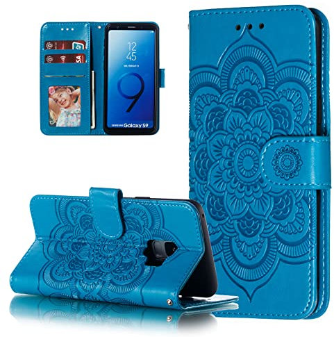 EYZUTAK Case for Samsung Galaxy S9, Premium Flip Wallet Phone Case PU Leather Mandala Embossed Design Shockproof Cover with Kickstand Card Holder Protective Case - Blue