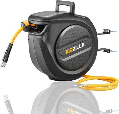 AIRZILLA Retractable Air hose reel 3/8 Inch x 50 ft Flex Hybrid Air Hose, Air compressor Hose Reel with 6 ft Lead in, Quick Connect, Mounted 180° Swivel, 300PSI
