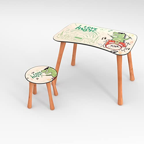 ANRO Kindertisch mit Stuhl Kindersitzgruppe Kinder Tisch Hocker Set Holz für Kleinkinder Motiv Dino Music für Jungs und Mädchen