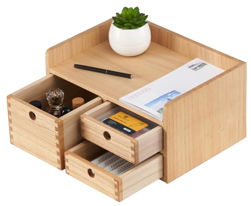 KIRIGEN Wood Desktop Organizer mit Schubladen Home Workspace Office Supplies Wooden Storage Box Shelf Case Hold Makeup Box with 3 Drawers and 1 Shelves Natural