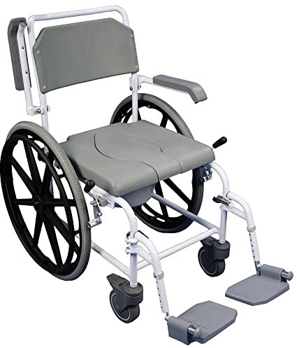 Self Propelled Shower Commode Chair - Rust Free Alloy Frame - 7.5 Litre Potty - 2 x 125mm Rust Proof Castors & 2 x 600mm Puncture Proof Tyres - Easy to Clean PU Seat