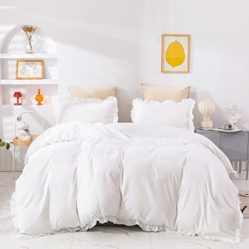 Luxlovery Weißes Rüschen-Bettwäsche-Set für Doppelbett, Bauernhaus-Bettwäsche-Set, Boho, Shabby-Chic, einfarbig, weiße Decke, Steppdecken, Vintage, rustikal, weich, atmungsaktiv, Bettwäsche-Set mit