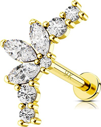 OUFER 9ct Gold Ohrpiercing Helix Piercing Conch Ring 16G Sparkly CZ Internally Thread Flat Lippe Lippenpiercing Labret Tragus Ohrringe Ohr Studs Cartilage Knorpel Ohrstecker Schmuck Women