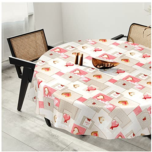 Wachstuchtischdecke Wachstuch Tischdecke abwaschbar Wachstischdecke Plastik-Tischdecken Glatt Rund 180cm Schnittkante Patchwork Herz Rosa Grau