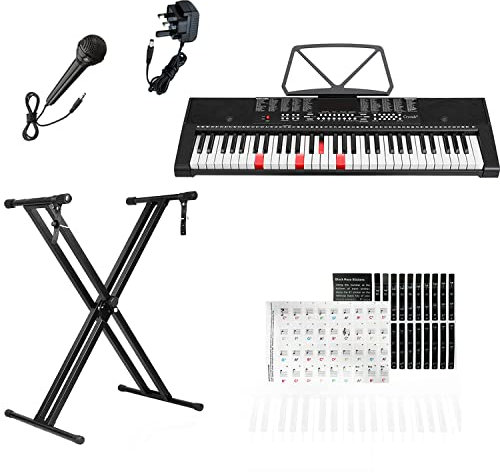 Crystals® 61 Keys Teaching Type Electronic Keyboard Digital Music Instrument Piano & Microphone with Keyboard Stand - Black (With Double Braced Stand)