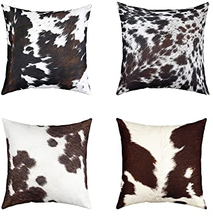 Kuhfell Kissenbezüge 45x45 Set von 4 Schwarz Weiß Kuhfell Wurfkissenbezüge Western Kuhfell Haut Bauernhof Tier Dekorative Akzent Kissenbezüge für Bett Heim Büro Auto Wohnzimmer Weich Reversibel