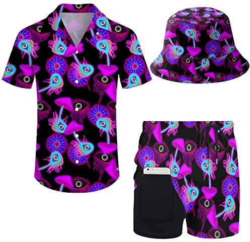 Wdpsuxin Herren-Trainingsanzug, Hawaii-Stil, Button-Down-Shirt und Kompressions-Innenhose, 2-teiliges Set mit Fischerhüten, Trippy Magic Mushroom Lila, Klein