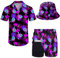Wdpsuxin Herren-Trainingsanzug, Hawaii-Stil, Button-Down-Shirt und Kompressions-Innenhose, 2-teiliges Set mit Fischerhüten, Trippy Magic Mushroom Lila, Klein