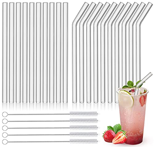 Clear Glass Straws - 10 Straight & 10 Bent Reusable Eco-Friendly Straws with 2 Cleaning Brushes for Boba Tea, Smoothies & Milkshakes