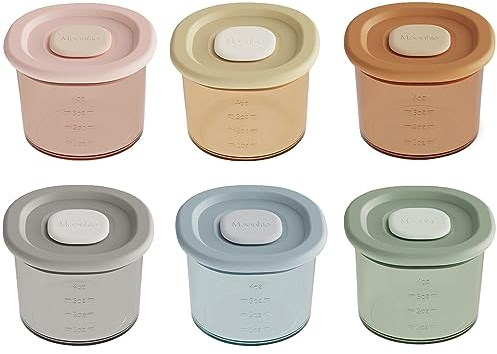 Moonkie Petit Pot Conservation Bébé Silicone - Lot de 6 Pots Repas 4OZ - Boîtes 100% Hermétiques, Sans BPA, Avec Graduation - Résiste au Choc Thermique et à la Congélation