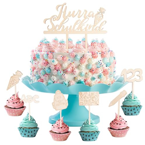 Tortendeko Einschulung Holz, 7 Stück Einschulung Cupcake Topper Dekorationen, Schulanfang Tortendeko Tortendeko Einschulung Holz Cake Topper zur Einschulung personalisiert Tortendekoration für Junge