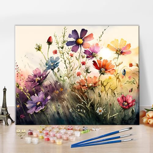 TISHIRON Aquarelle Fleur Peinture par Numéros pour Adultes Débutants Peinture Abstraite Peinture par Numéros Kits sur Toile Peinture Acrylique Dessin Floral Peinture avec Pinceaux Peinture à l'huile