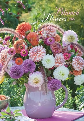Alpha Edition - Blumen 2025 Bildkalender, 23,7x34cm, Wandkalender mit 100-jährigem- und Pollenflugkalender, Mondphasen, schöne Blumen-Bilder, deutsches Kalendarium und Ferientermine DE/AT/CH