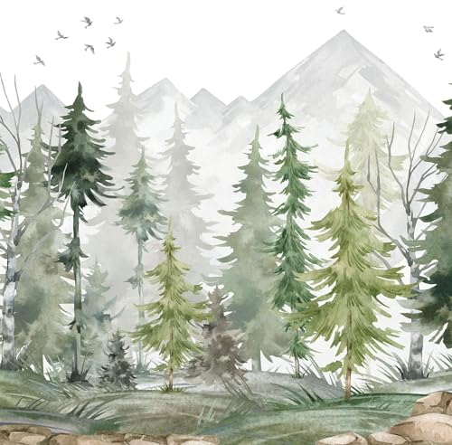 UNIK Nordic Vliestapete BxH: 150x250 cm mit Kinder und Baby XXL Wald Motiv, Kindertapete mit Tannenwald Aquarell Design, Fototapete für Kinderzimmer, Premium Foto Tapete mit 180g/m2 Stärke