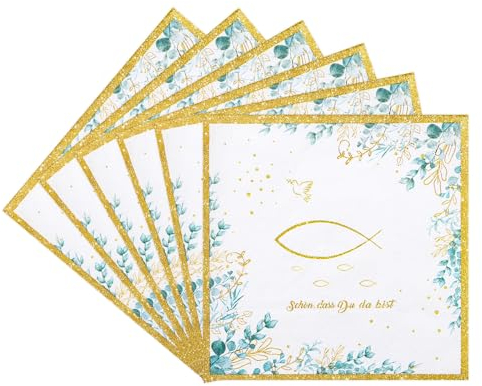 MAGLAUG Piatto di carta per comunione, cresima, decorazione, eucalipto, pesce, stoviglie usa e getta, per cresima, comunione, decorazione, battesimo, ragazza, ragazzo (24, tovaglioli battesimo)