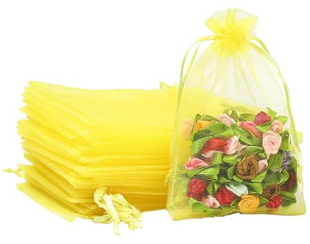 100pk Lemon Yellow Organza Gift Bags,7x9cm Small Organza Favor Bags,Wedding Jewelry Pouches with Drawstring,Mesh Candy Favour Bag Party Sweet Bags for Birthday,Wedding,Christmas,Gift Wrapping