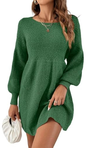 Saodimallsu Abito da donna con scollo rotondo, maniche a sbuffo, a vita alta, elegante, linea ad A, mini abito