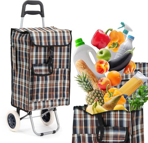 40Liter Wasserabweisender Trolley Einkaufstrolley Klappbar, Shopping Trolley, Einkaufswagen Faltbar, Einkaufstasche mit 2 Rädern, Einkaufskorb mit Rollen (Braun/Blau kariert)