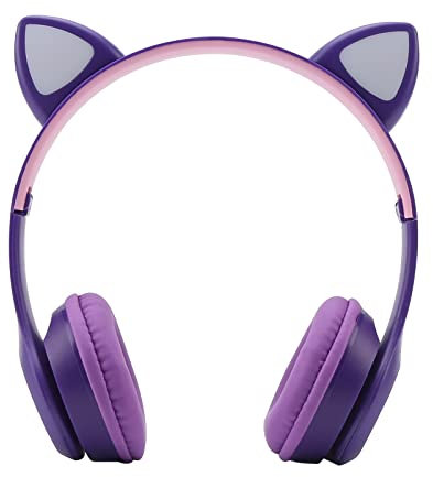 Gevvnss Bluetooth Headphones 5.0,148h Playtime,Girls Wireless Headphones,Over-Ear Foladable Cat Headphones with LED Light for Tablets Travel Present,Purple