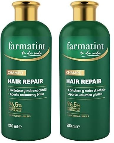 Farmatint Champú Reparador, 96.5% Ingredientes Naturales, Fortalecimiento y Nutrición Capilar, Sin Siliconas/SLS, 250ml (Paquete de 2)
