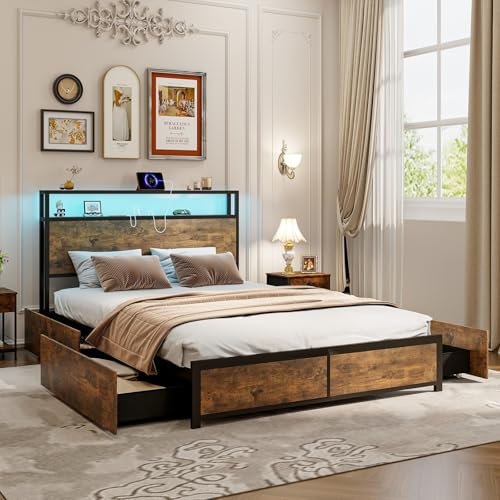 LIFEZEAL Metallbett mit LED Beleuchtung, Bettrahmen mit Bluetooth & USB-Aufladung, Doppelbett mit Kopfteil, Musikmodus, Bettgestell Stauraumbett mit Fernbedienung (Rustikal Braun, 200 x 160 cm)