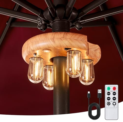 OPOIRA Luce per palo di ombrellone da giardino con effetto legno con telecomando, lampadine LED Edison ricaricabili senza fili con 10 livelli di luminosità per giardino, patio, cortile, campeggio o