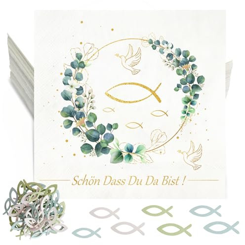 Servietten Taufe Eukalyptus Fisch,36 Servietten Kommunion Deko+60 Holz Fische Taufdeko,'Schön, dass du da bist!' Servietten Konfirmation Tischdeko Mädchen Junge,3-Lagig Papierservietten 33x33cm