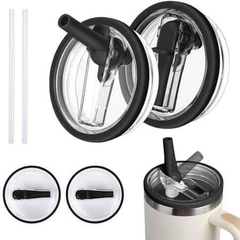 JAONLD 2 Pièces Remplacement de Couvercle pour 40 oz,Couvercles de Tasse Réutilisables Anti-Fuite et Anti-Poussière avec 2 Pièces Paille,Stanley Cup Couvercle Remplacement(Noir)