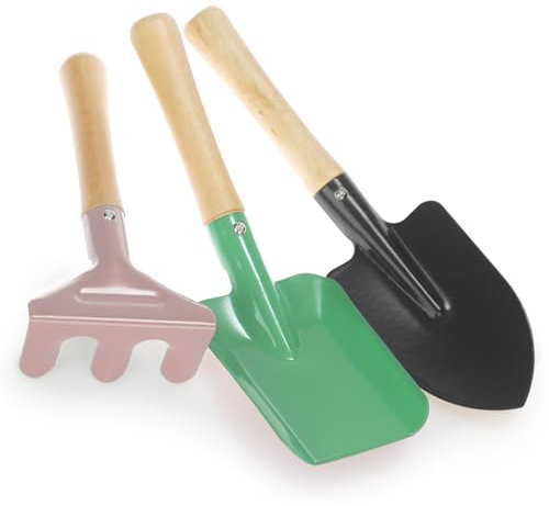 com-four® Juego de Herramientas de jardinería de 3 Piezas para niños: rastrillo pequeño, Pala y Pala Hechos de Metal Resistente y Madera, jardinería, Playa y arenero (Conjunto 1)